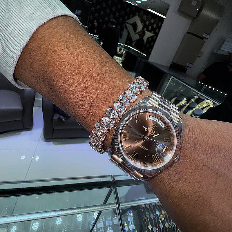 1ct Each Pear Cut White Sapphire Rose Gold Handmade Men's Tennis Bracelet