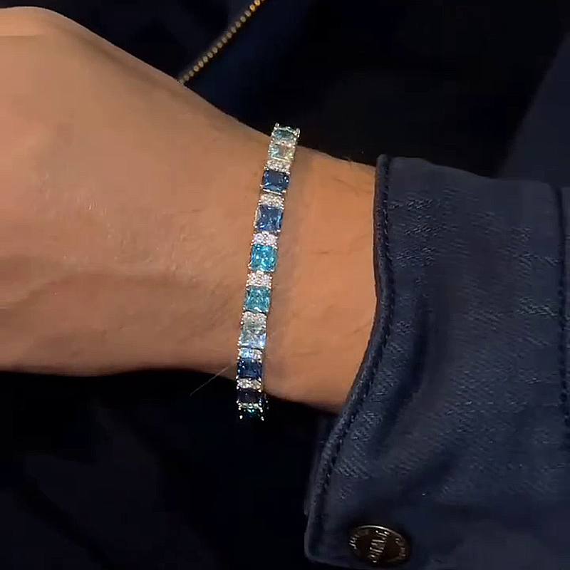 15ctw Blue Mixed Radiant Cut Handmade Men's Bracelet