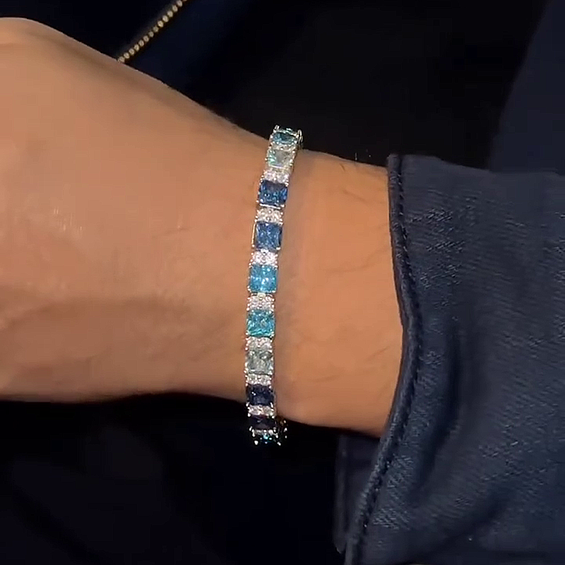 15ctw Blue Mixed Radiant Cut Handmade Men's Bracelet