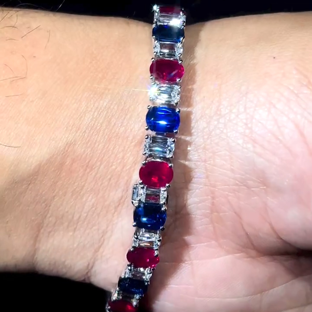 30ctw Oval Cut Diamond & Ruby & Sapphire Sterling Silver Handmade Bracelet