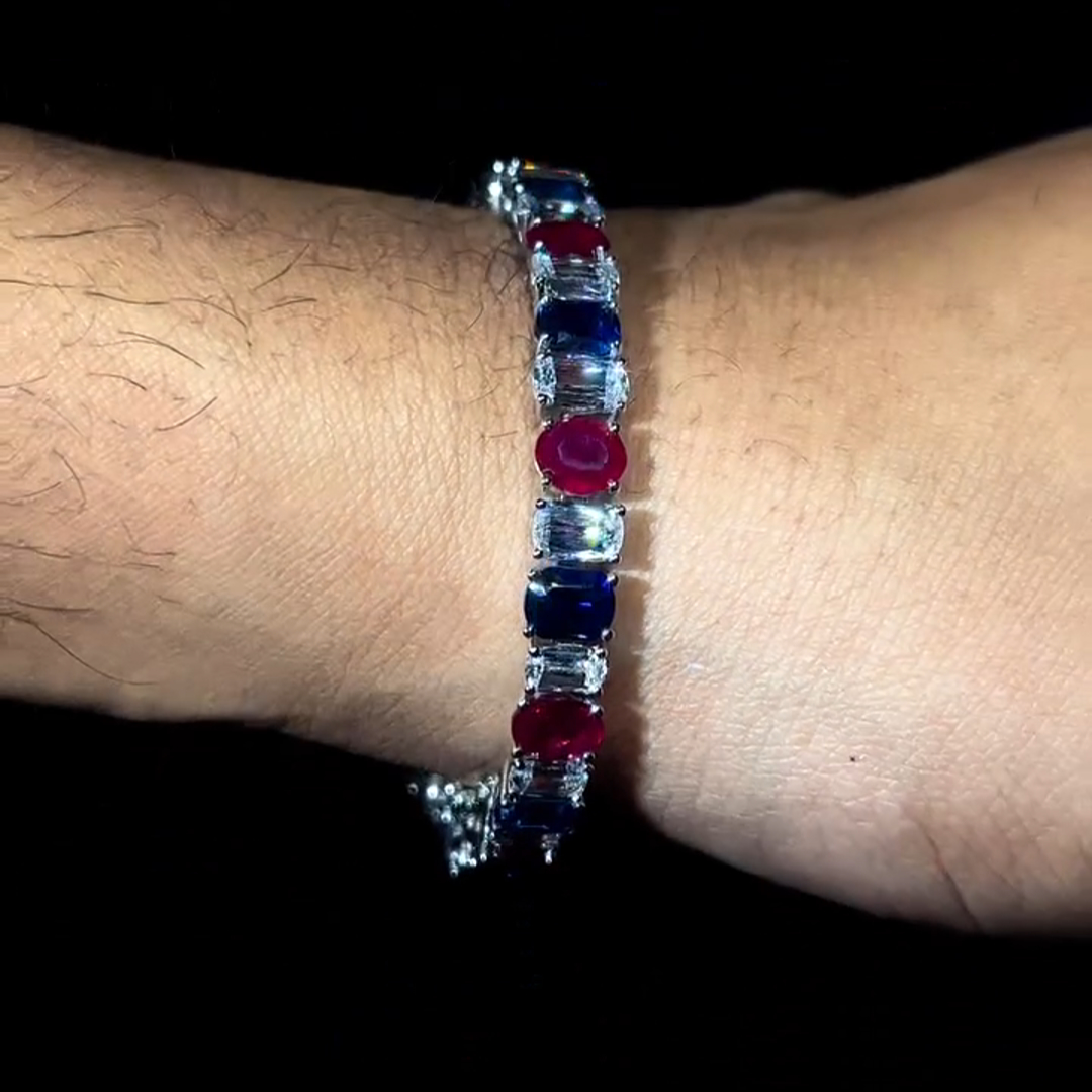 30ctw Oval Cut Diamond & Ruby & Sapphire Sterling Silver Handmade Bracelet