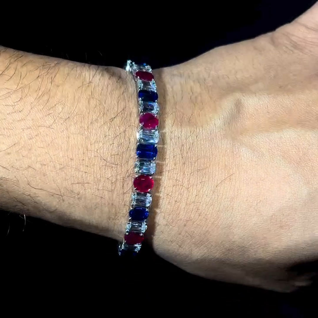 30ctw Oval Cut Diamond & Ruby & Sapphire Sterling Silver Handmade Bracelet