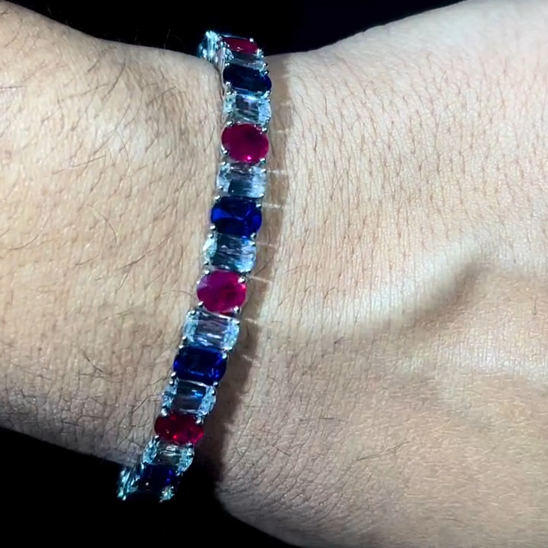 30ctw Oval Cut Diamond & Ruby & Sapphire Sterling Silver Handmade Bracelet