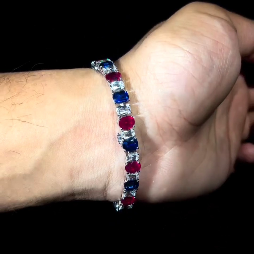 30ctw Oval Cut Diamond & Ruby & Sapphire Sterling Silver Handmade Bracelet