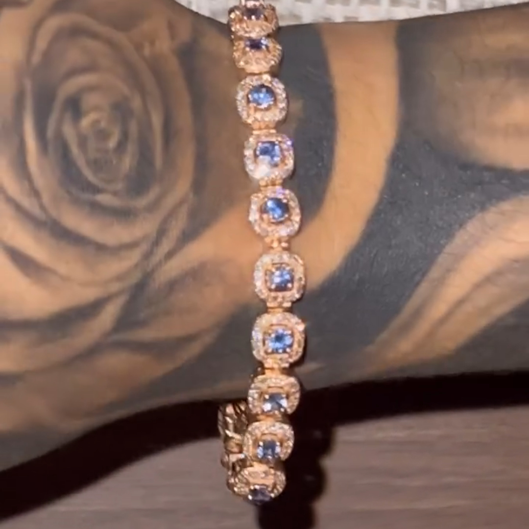 30ctw Princess Cut Blue And White Sapphire Sterling Silver Plated Yellow Gold Handmade Bracelet