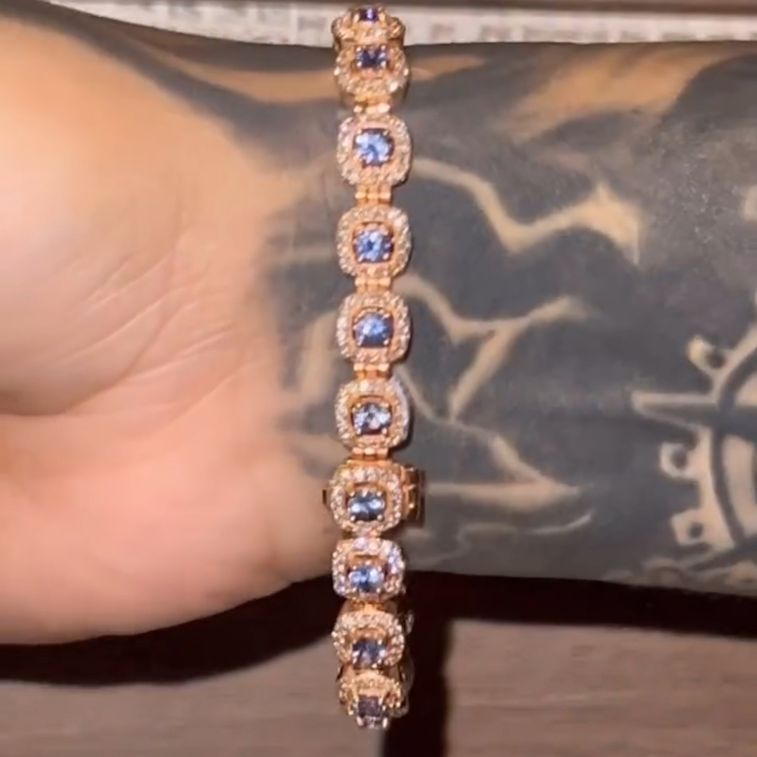 30ctw Princess Cut Blue And White Sapphire Sterling Silver Plated Yellow Gold Handmade Bracelet