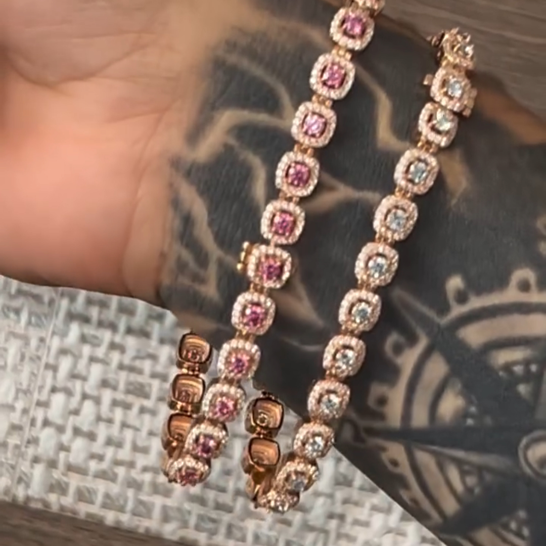 30ctw Princess Cut Blue And White Sapphire Sterling Silver Plated Yellow Gold Handmade Bracelet