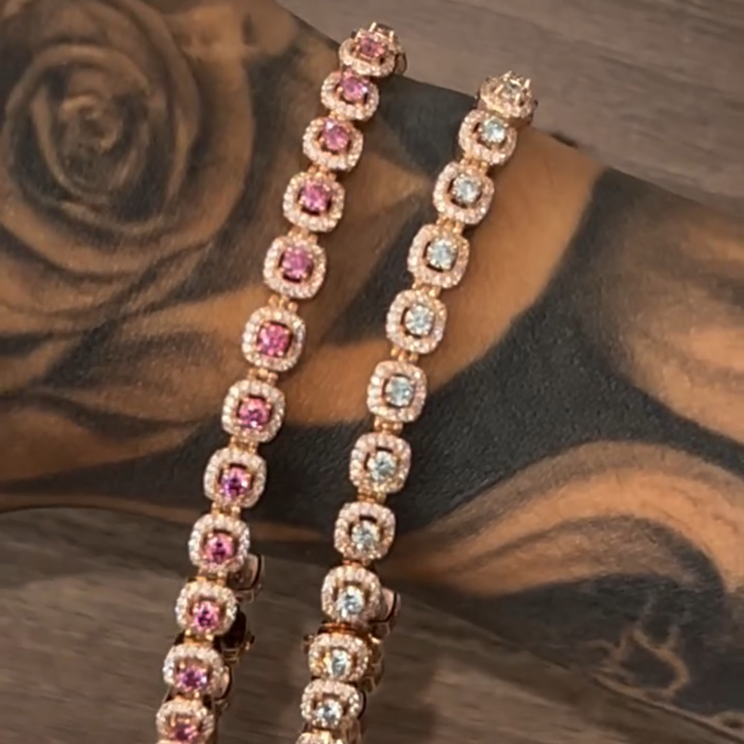 30ctw Princess Cut Blue And White Sapphire Sterling Silver Plated Yellow Gold Handmade Bracelet