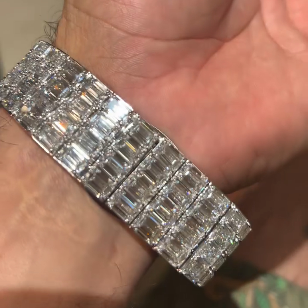 50ct Emerald Cut Diamond Sterling Silver Handmade Bracelet