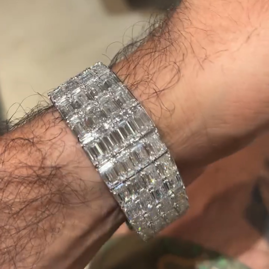 50ct Emerald Cut Diamond Sterling Silver Handmade Bracelet