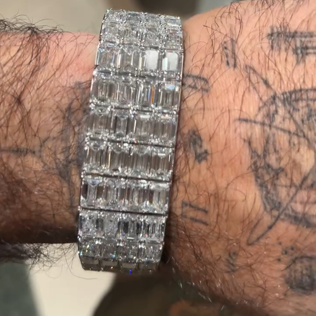 50ct Emerald Cut Diamond Sterling Silver Handmade Bracelet