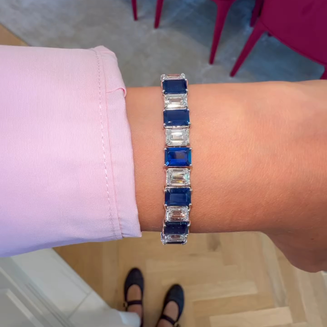 30ct Emerald-cut Sapphire Handmade Sterling Silver Bracelet