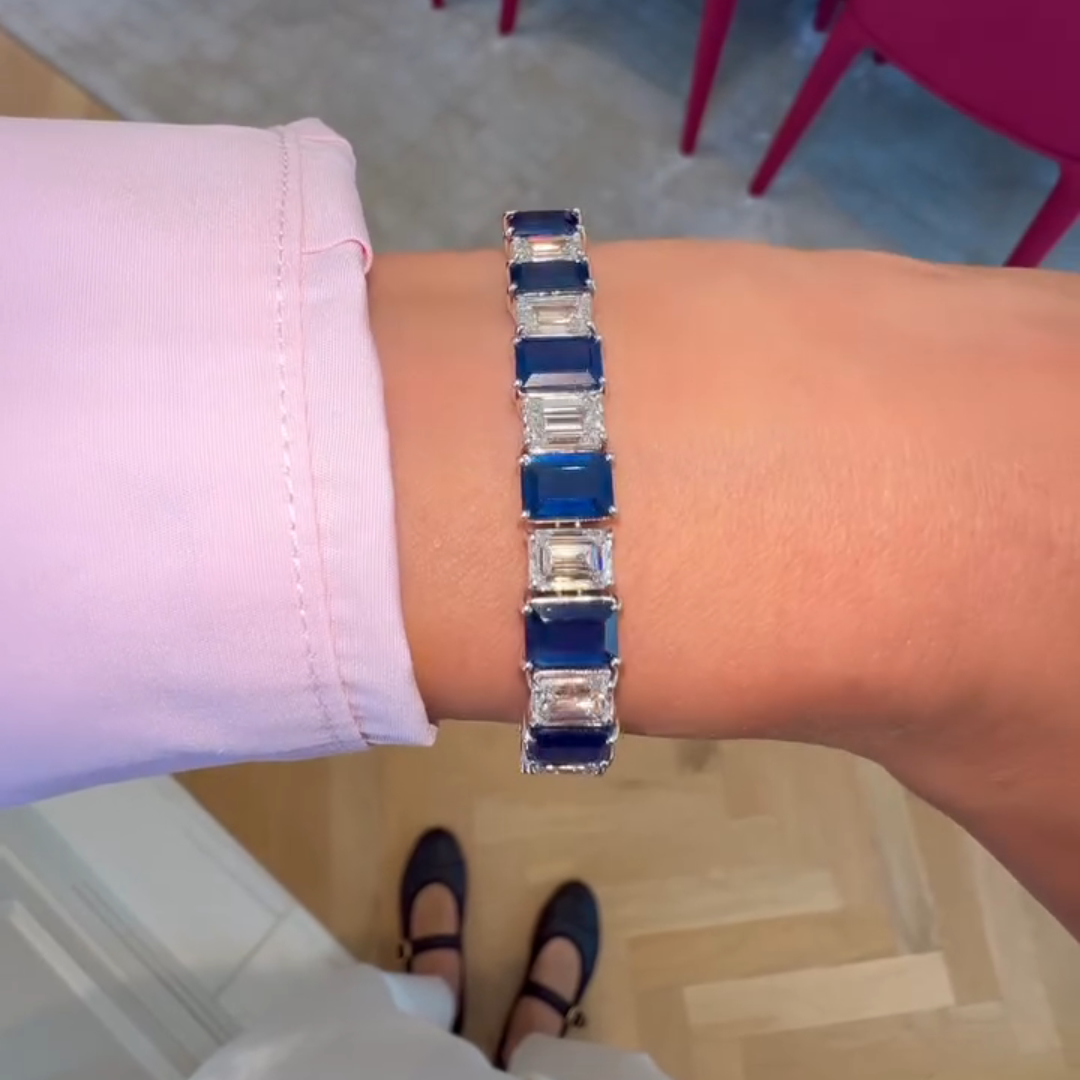 30ct Emerald-cut Sapphire Handmade Sterling Silver Bracelet