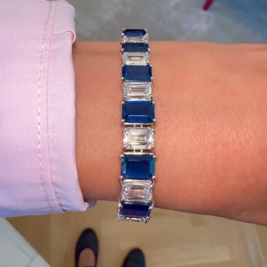 30ct Emerald-cut Sapphire Handmade Sterling Silver Bracelet