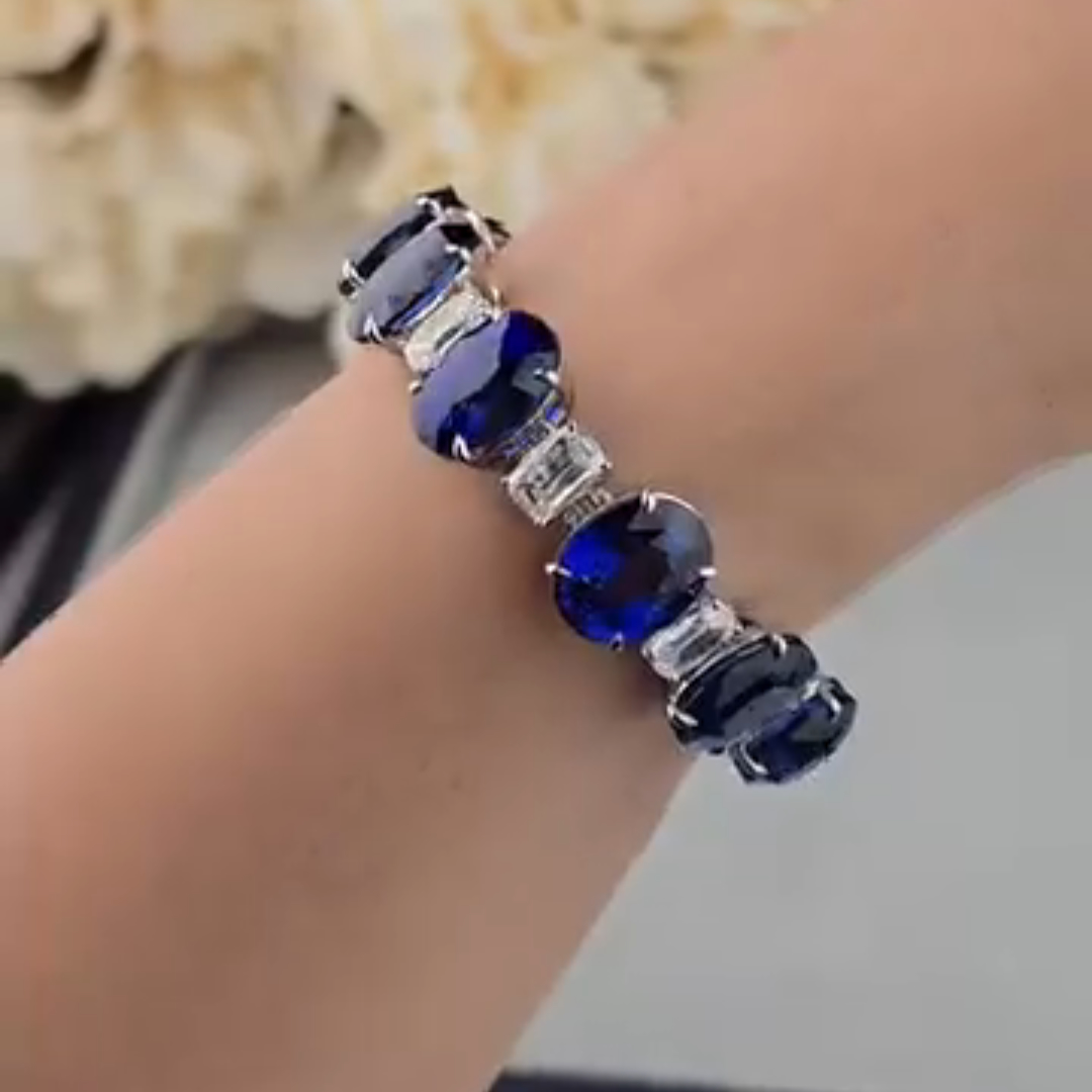 12ct Oval-cut Sapphire Crystal Sterling Silver Luxury Handmade Bracelet
