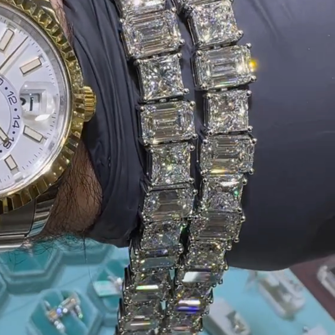 40ct Emerald-cut And Cushion-cut Sterling Silver Handmade Bracelet