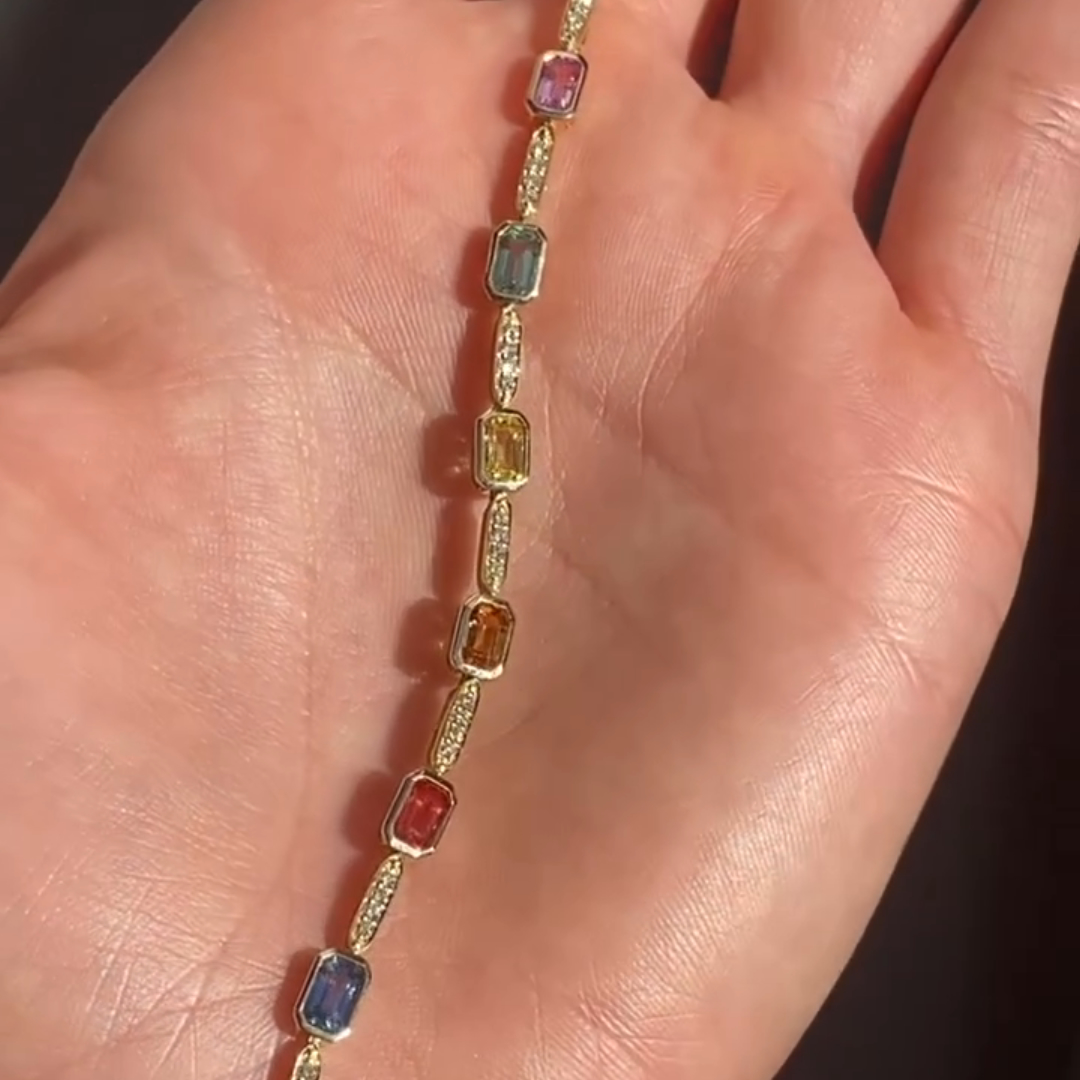 5ct Emerald-cut Colored Gemstone Sterling Silver Plated With Yellow Gold Handmade Bracelet