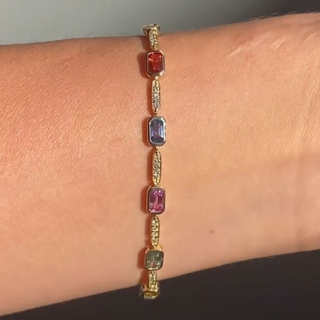 5ct Emerald-cut Colored Gemstone Sterling Silver Plated With Yellow Gold Handmade Bracelet