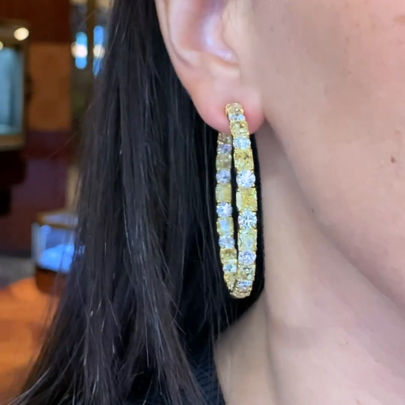 10.5ct Cushion And Round Cut Yellow Sapphires Hoop Earrings