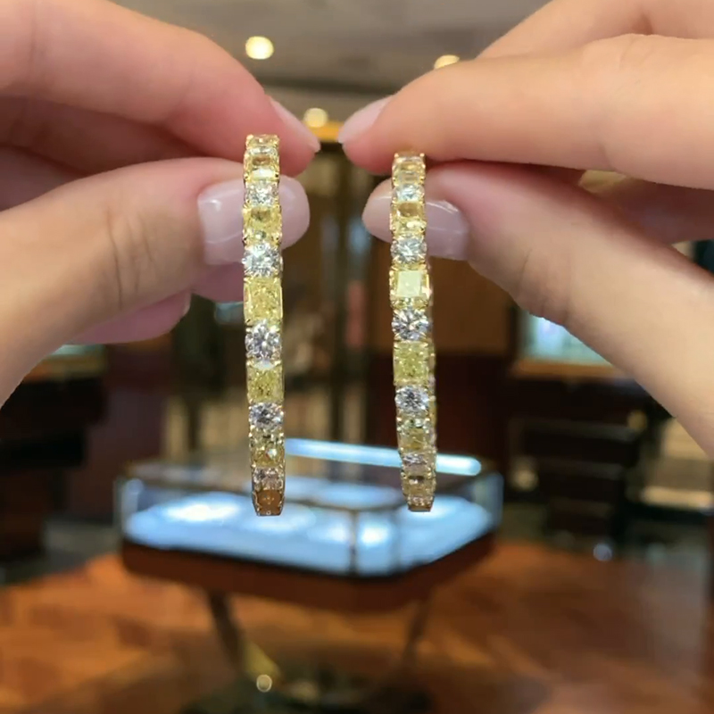 10.5ct Cushion And Round Cut Yellow Sapphires Hoop Earrings