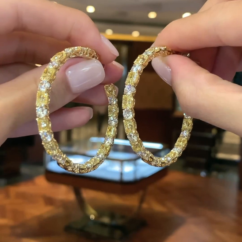 10.5ct Cushion And Round Cut Yellow Sapphires Hoop Earrings