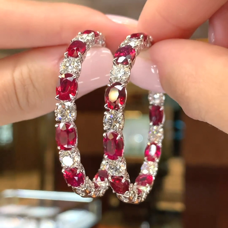 13ct Oval And Round Cut Ruby Hoop Earrings
