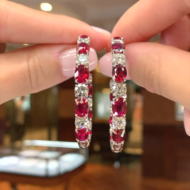 13ct Oval And Round Cut Ruby Hoop Earrings