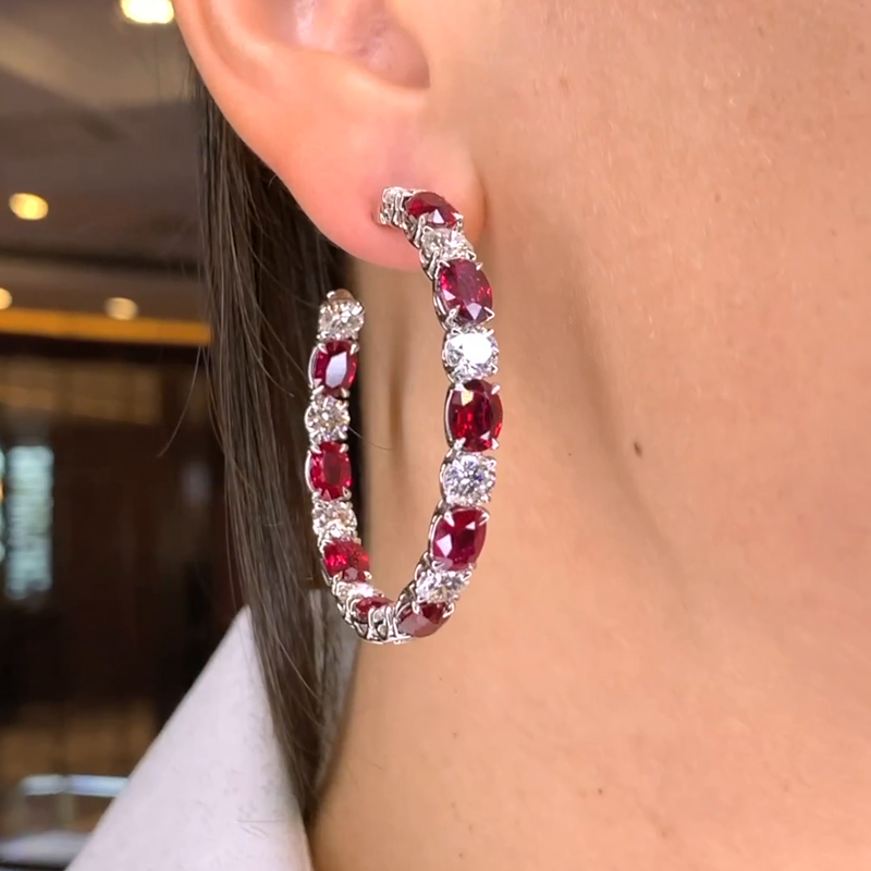 13ct Oval And Round Cut Ruby Hoop Earrings