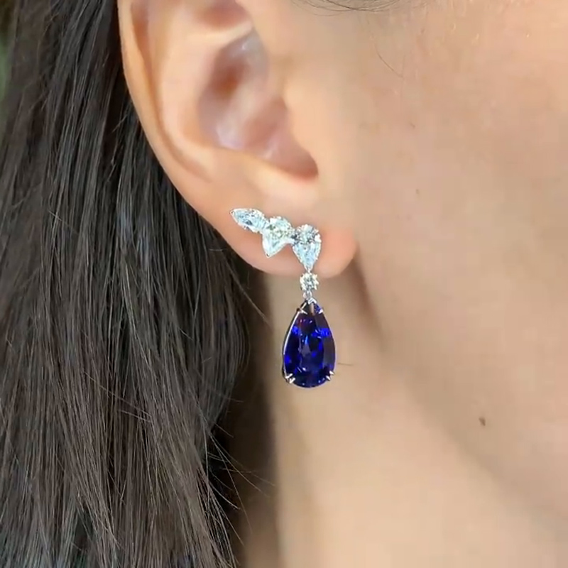 10ct Pear Cut Blue Sapphire Drop Earrings