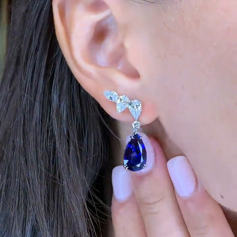 10ct Pear Cut Blue Sapphire Drop Earrings