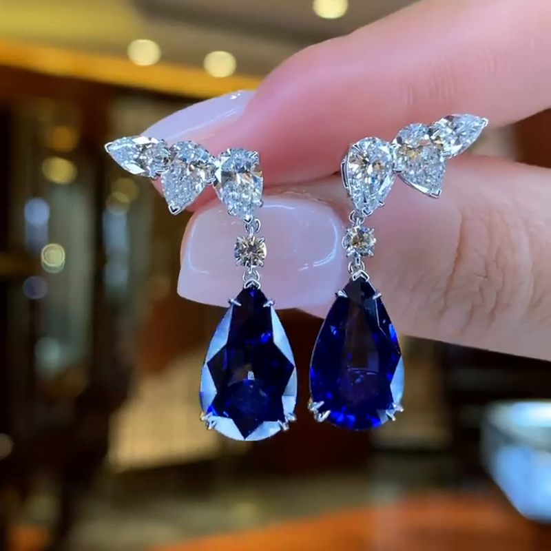 10ct Pear Cut Blue Sapphire Drop Earrings