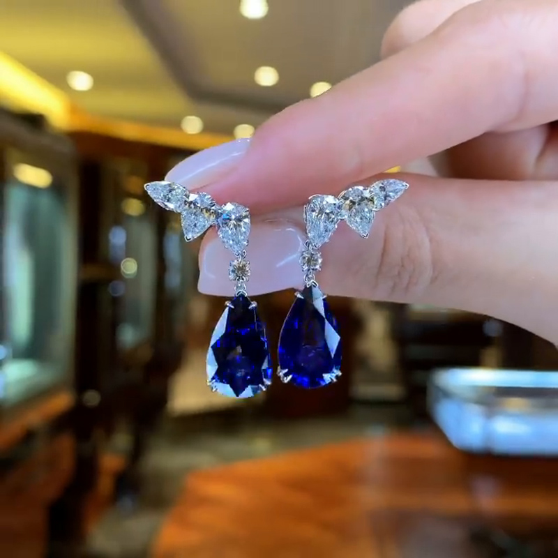 10ct Pear Cut Blue Sapphire Drop Earrings
