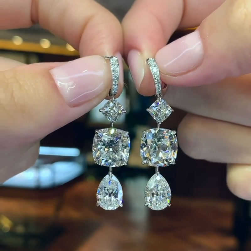 15ct Cushion And Pear Cut White Diamond Drop Earrings