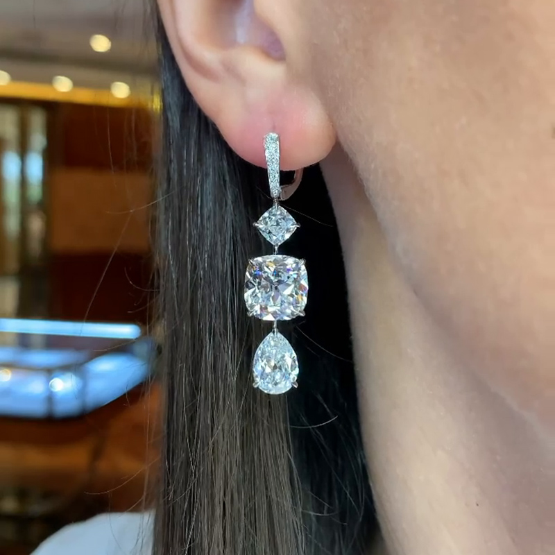 15ct Cushion And Pear Cut White Diamond Drop Earrings