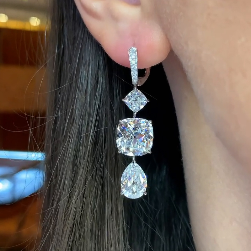 15ct Cushion And Pear Cut White Diamond Drop Earrings