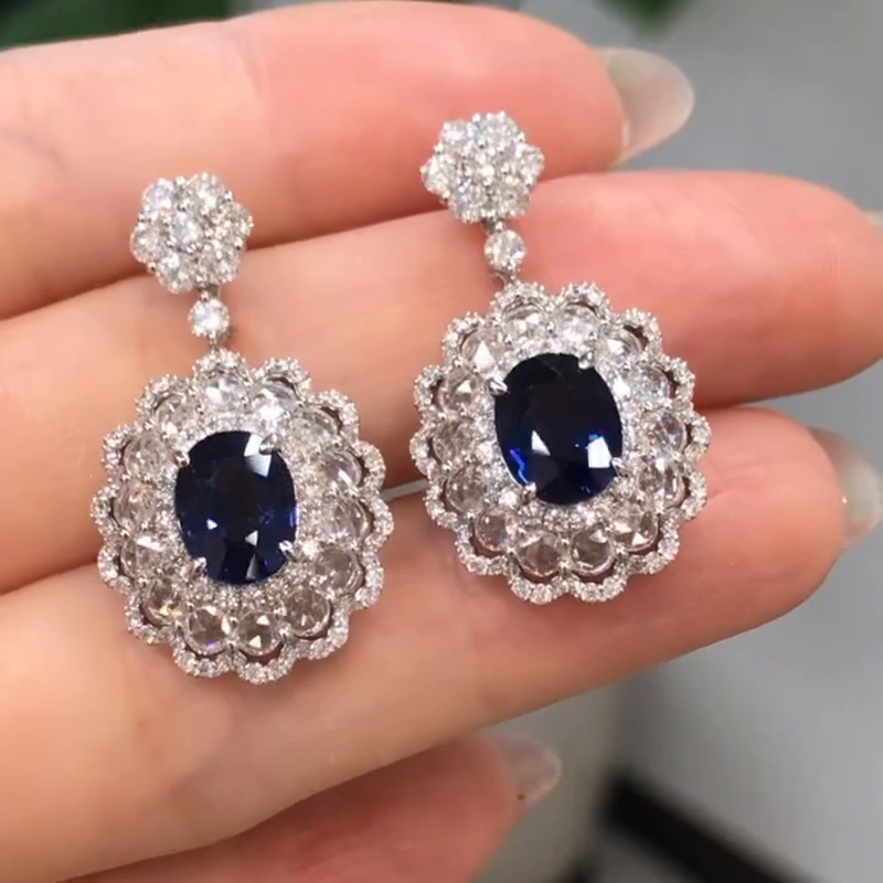 4ct Oval Cut Royal Blue Sapphire Drop Earrings