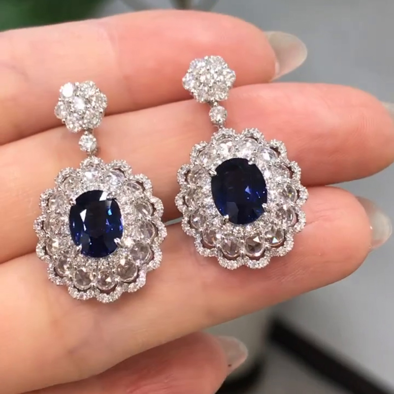 4ct Oval Cut Royal Blue Sapphire Drop Earrings