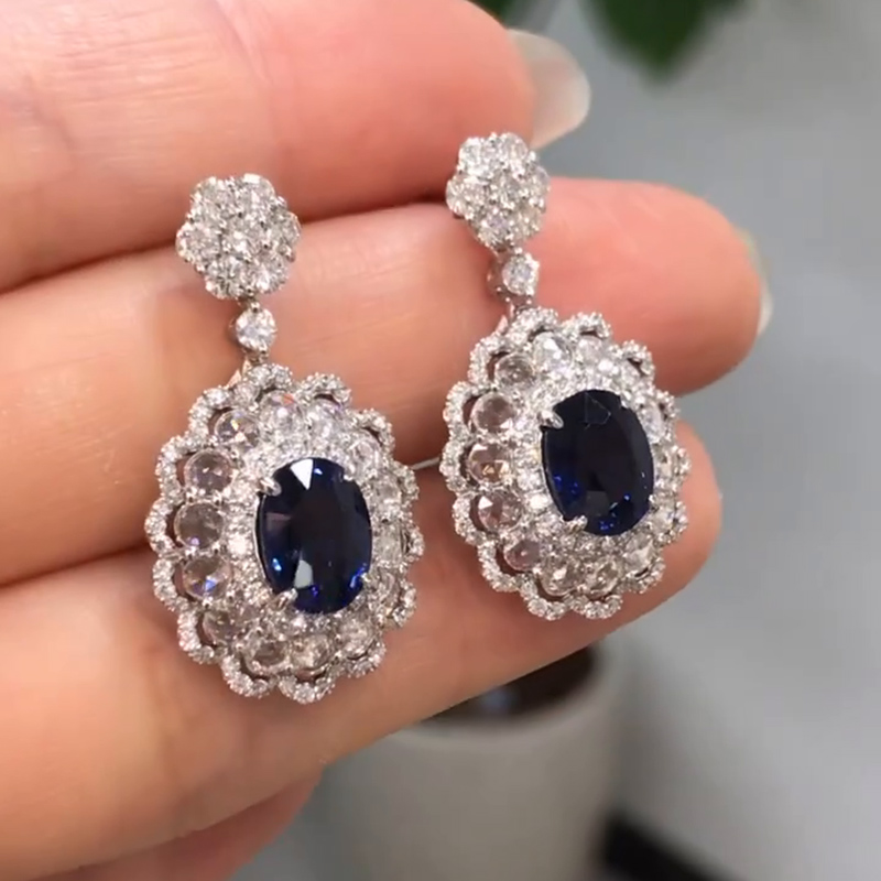 4ct Oval Cut Royal Blue Sapphire Drop Earrings