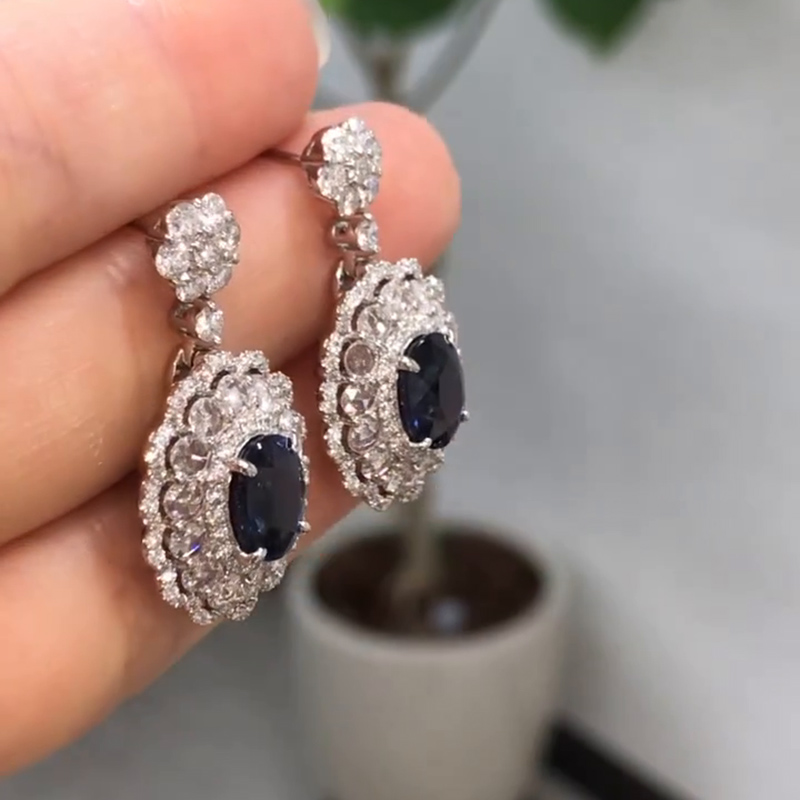 4ct Oval Cut Royal Blue Sapphire Drop Earrings