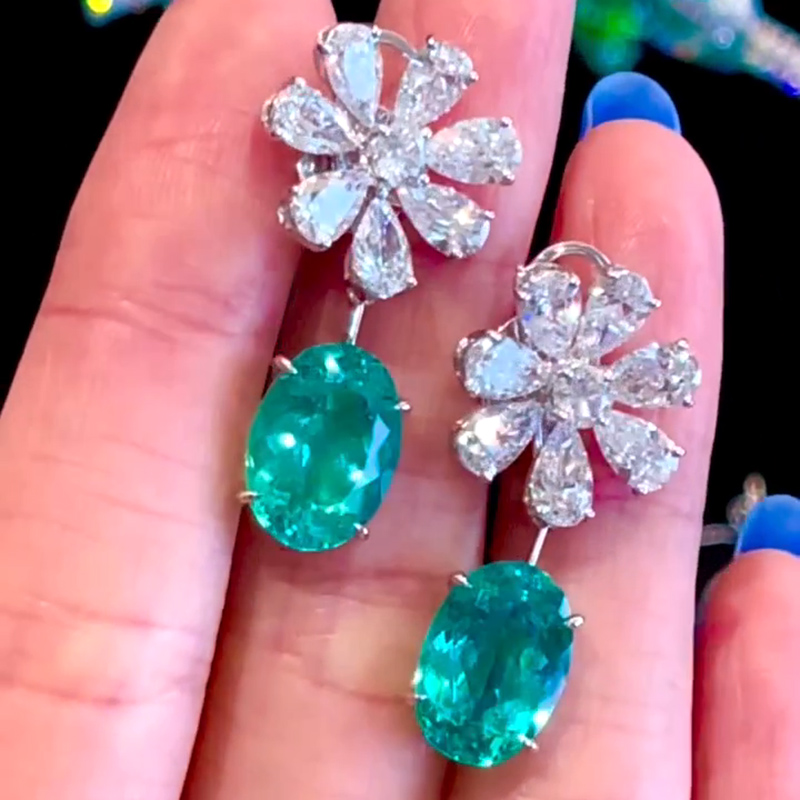 5.5ct Oval Cut Paraiba Tourmaline Flower Diamonds Drop Earrings