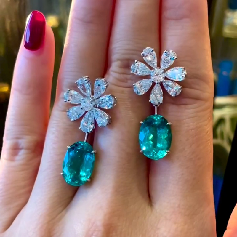 5.5ct Oval Cut Paraiba Tourmaline Flower Diamonds Drop Earrings