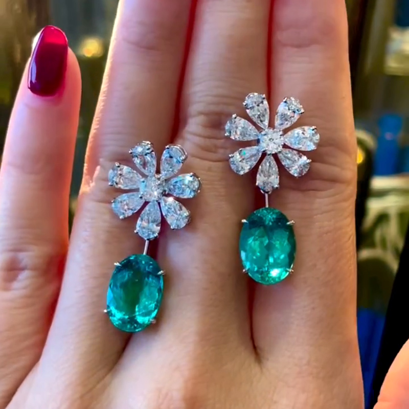 5.5ct Oval Cut Paraiba Tourmaline Flower Diamonds Drop Earrings