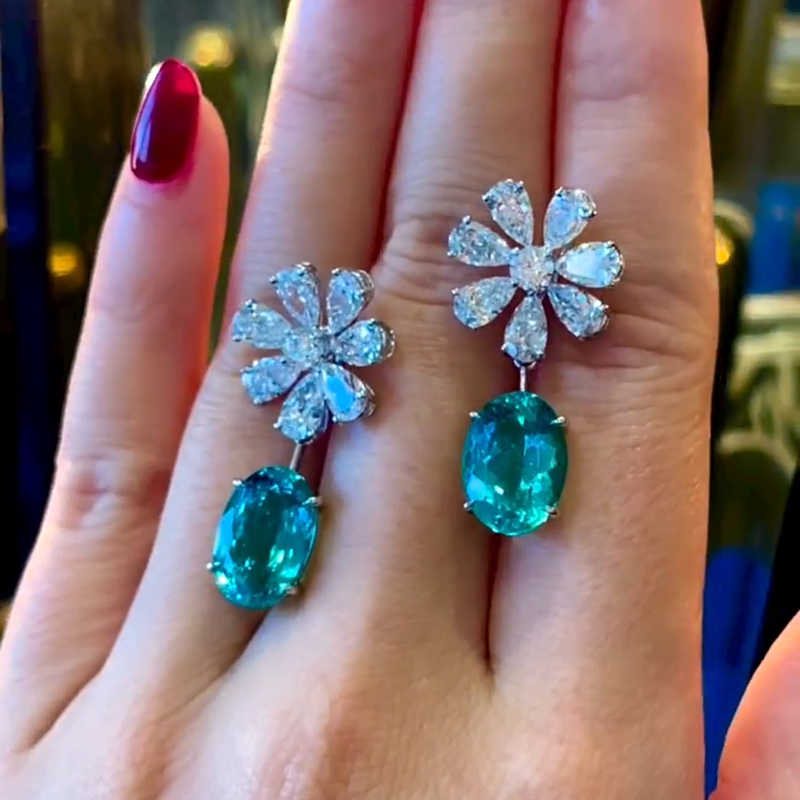 5.5ct Oval Cut Paraiba Tourmaline Flower Diamonds Drop Earrings