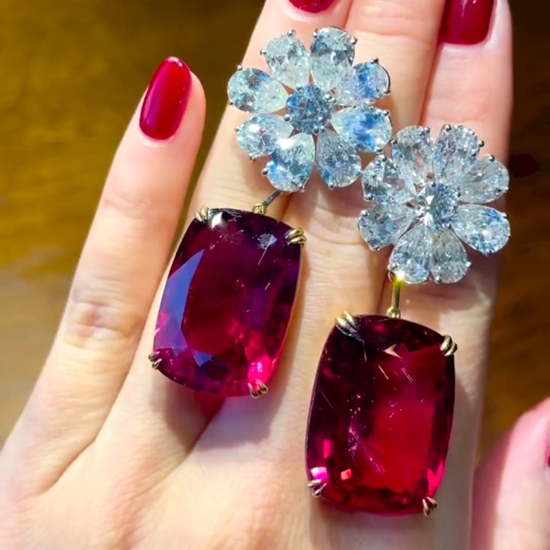 12ct Cushion Cut Ruby Flower Diamonds Drop Earrings