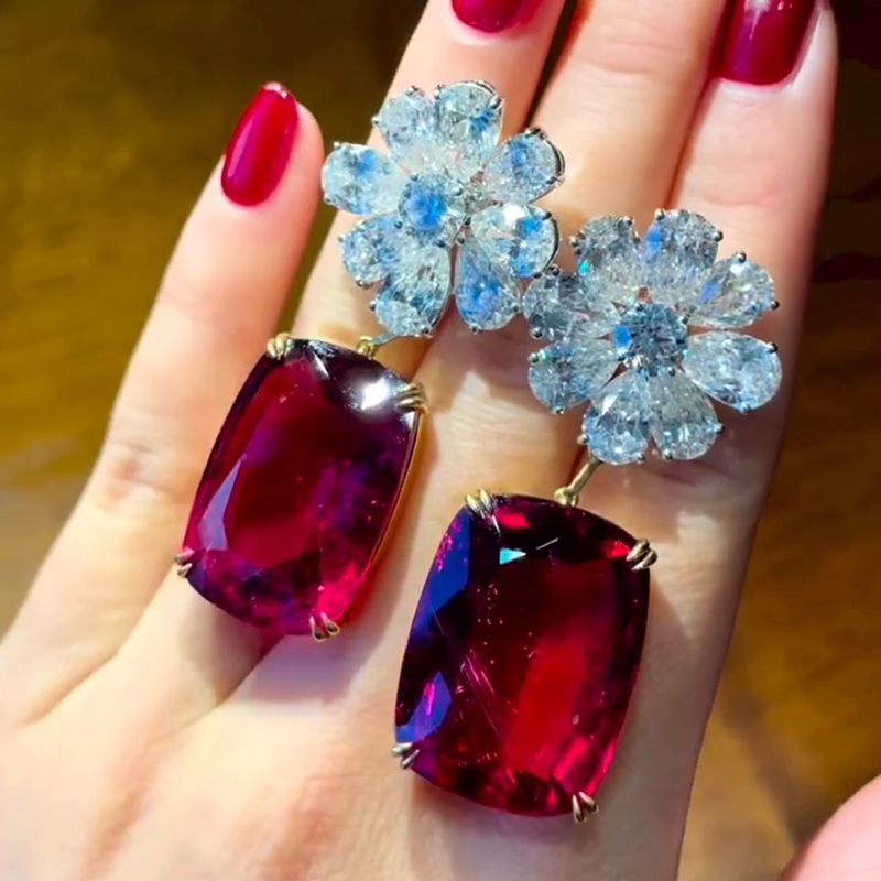 12ct Cushion Cut Ruby Flower Diamonds Drop Earrings