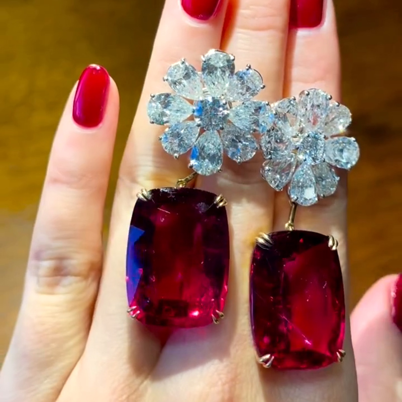 12ct Cushion Cut Ruby Flower Diamonds Drop Earrings