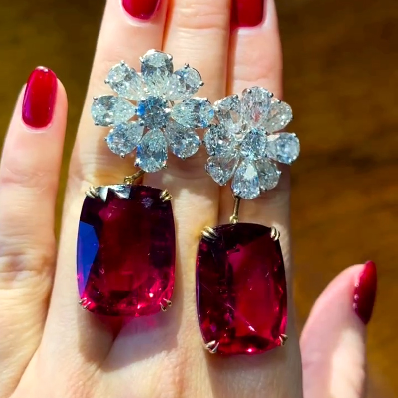 12ct Cushion Cut Ruby Flower Diamonds Drop Earrings