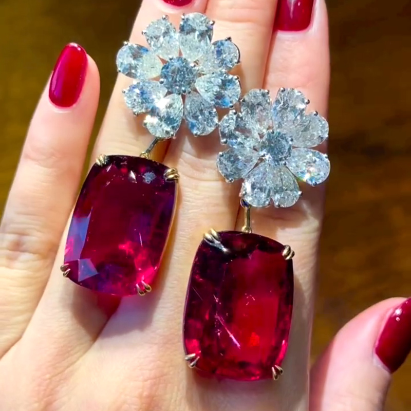 12ct Cushion Cut Ruby Flower Diamonds Drop Earrings