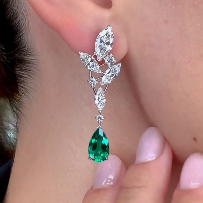 7.9ct Pear Cut Emerald Drop Earrings