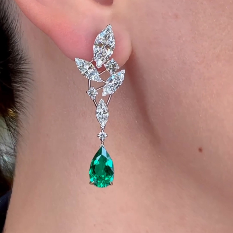 7.9ct Pear Cut Emerald Drop Earrings